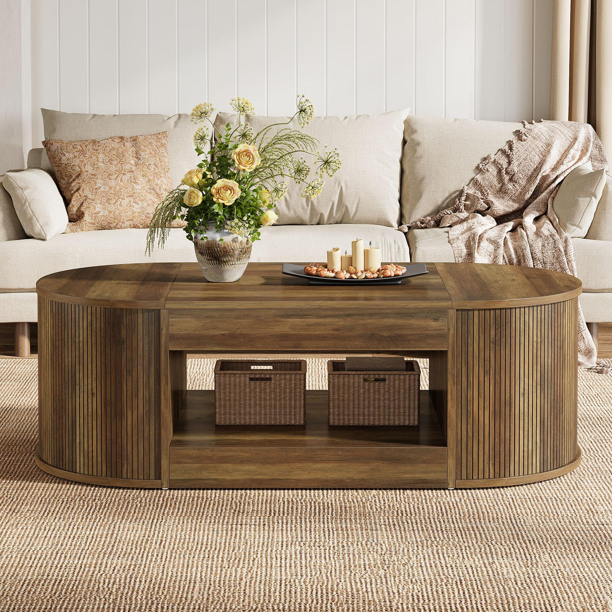 Tribesigns Farmhouse Coffee Table with Storage, 55-Inch Oval Center Table, 2-Tier Large Tea Table for Living Room, Office Reception, Rustic Brown Tribesigns