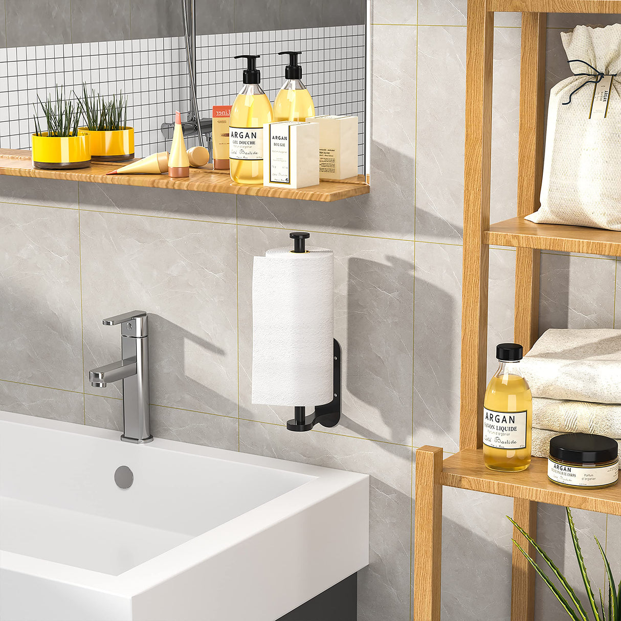 Paper Towel Holder Under Cabinet, One-Handed Tear, Wall Mount, Adhesive, Stainless Steel, Black, Paper Roll Holder with Ratchet Mechanism for Kitchen Bathroom Farmhouse Essentials Decor Accessories Swaitee