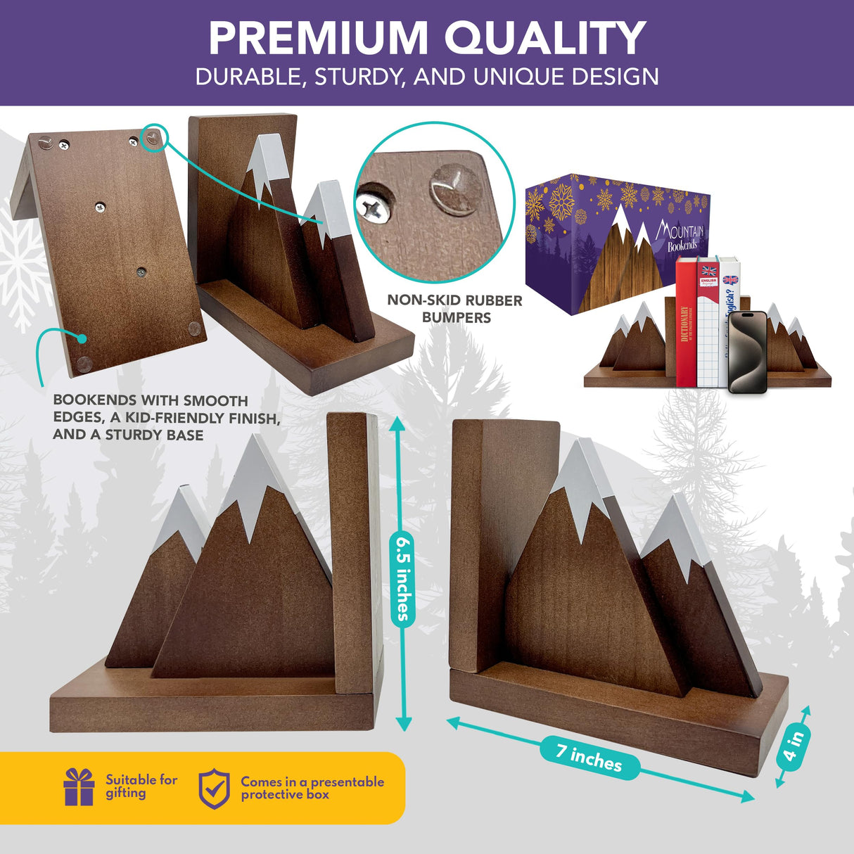 Decorably Dark Walnut Mountain Book Ends for Kids - 1 Set Non-Skid Wooden Bookends for Shelves, Book Ends Decorative Decorably