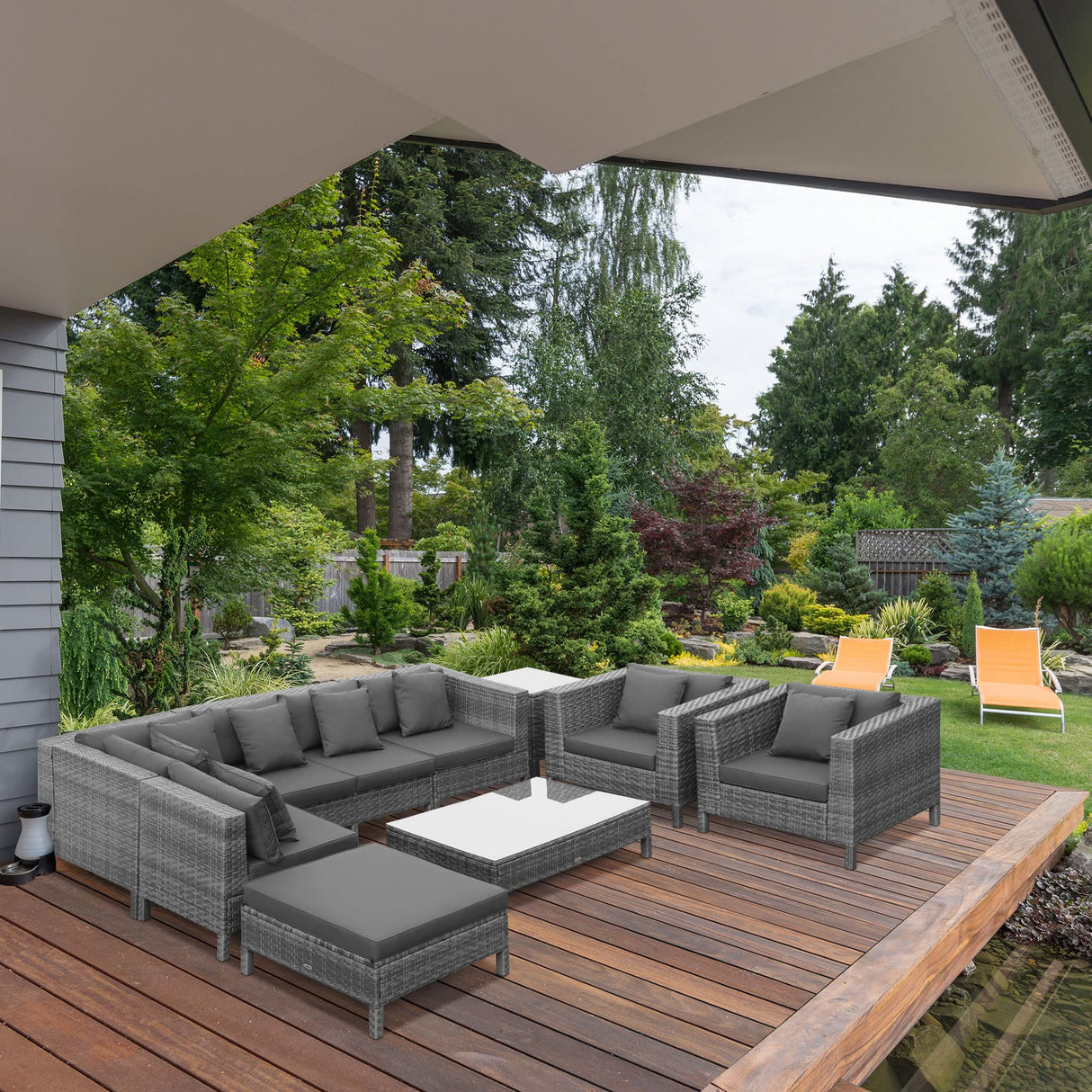 Outsunny Patio Furniture Set, 9 Piece Outdoor Sectional Sofa, All-Weather PE Rattan Wicker Conversation Set with Chairs, Ottoman, Loveseat, Coffee and Side Table, Cushions, Black Outsunny