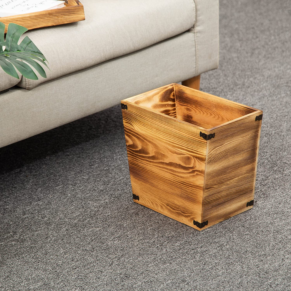 VERGOODR Grey Farmhouse Style Torched Wood Trash Can Waste Bin with Decorative Metal Brackets Trash Can for Bedroom,Living Room, Bathroom & Office (Brown) VERGOODR