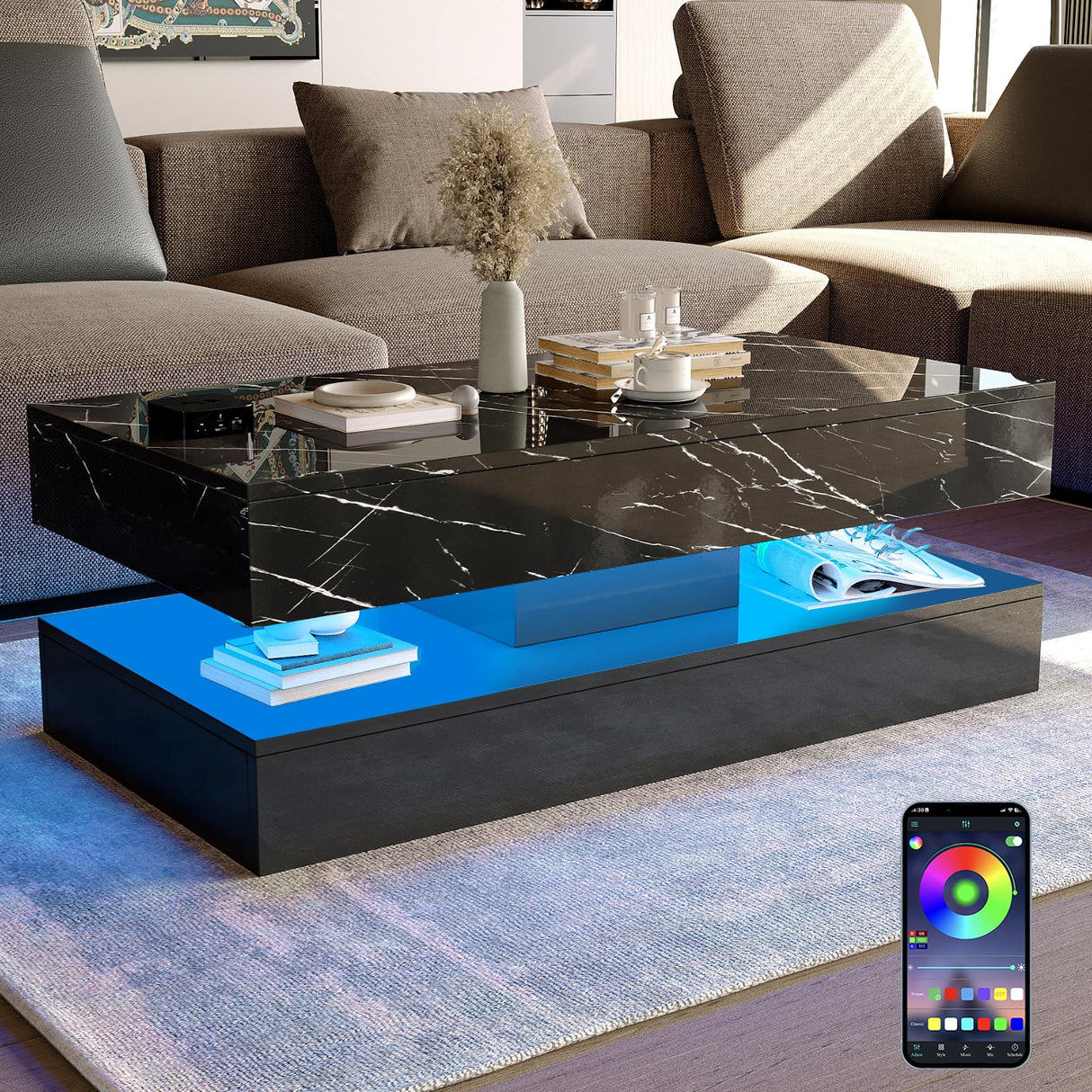 HOMFAMILIA LED Coffee Table with 2 Storage Drawers, Modern High Gloss Black Coffee Table w/20 Colors LED Lights, 2 Tiers Rectangle Center Table for Living Room with Marbling Print, APP Control, Black HOMFAMILIA