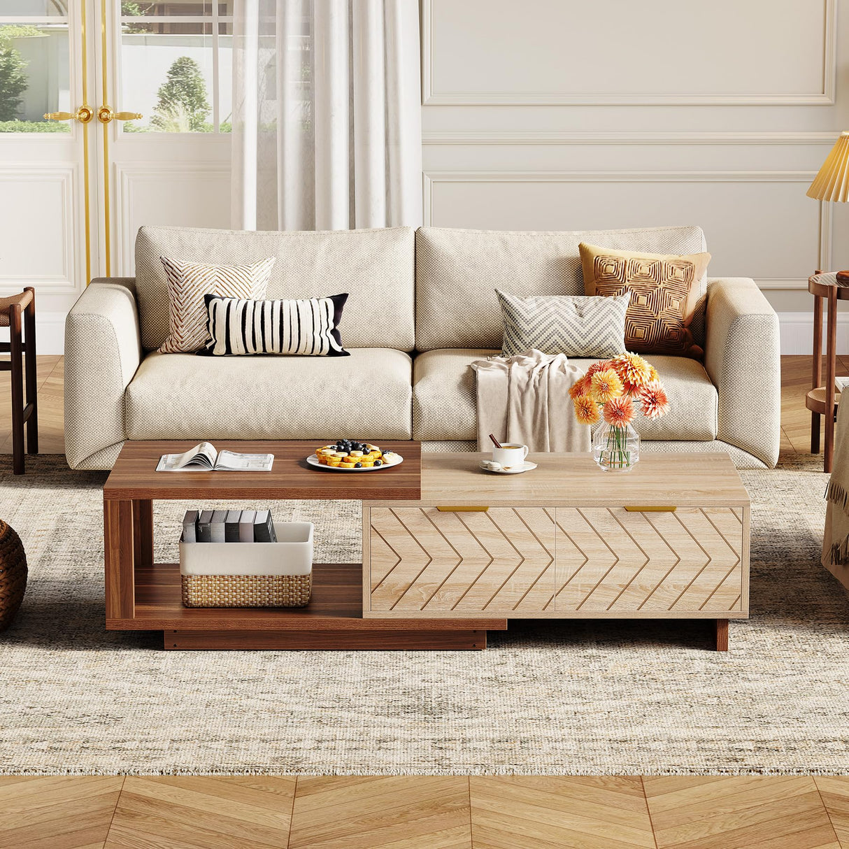 LITTLE TREE Expandable Wooden Coffee Table with 2 Drawers, Space-Saving Rectangular Farmhouse Center Table, Perfect for Living Room and Office, Brown and Beige LITTLE TREE