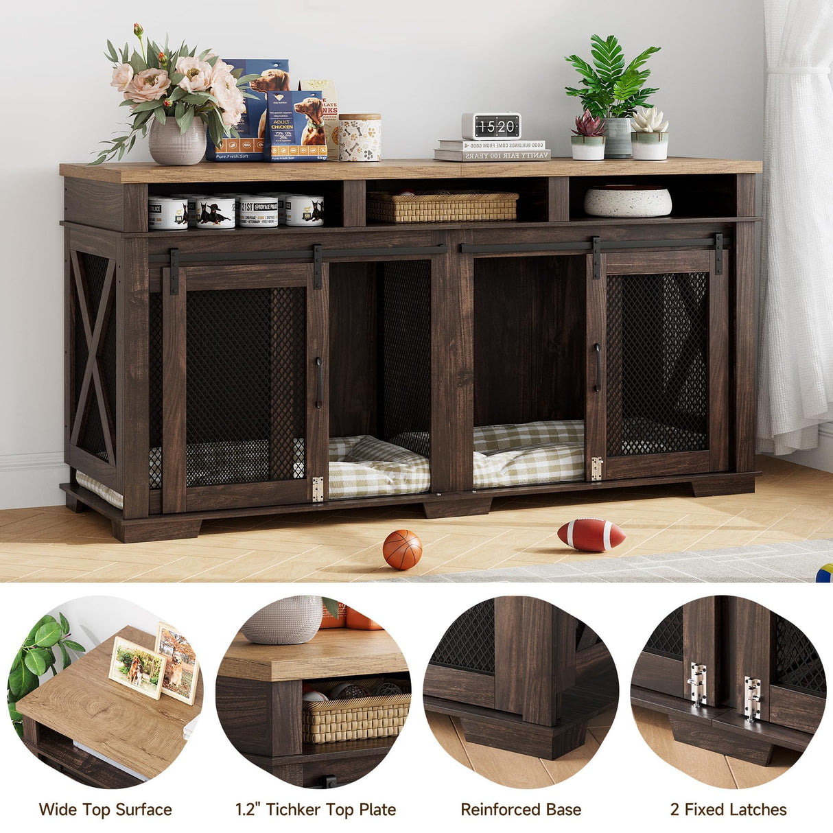 PeakPursuit 71" Extra Large Dog Crate Furniture,Wooden Double Dog Crates Kennel Cage,Furniture Style TV Stand Side End Table for 2 Dogs with Removable Divider for Large Dogs,Dark Walnut/Light PeakPursuit