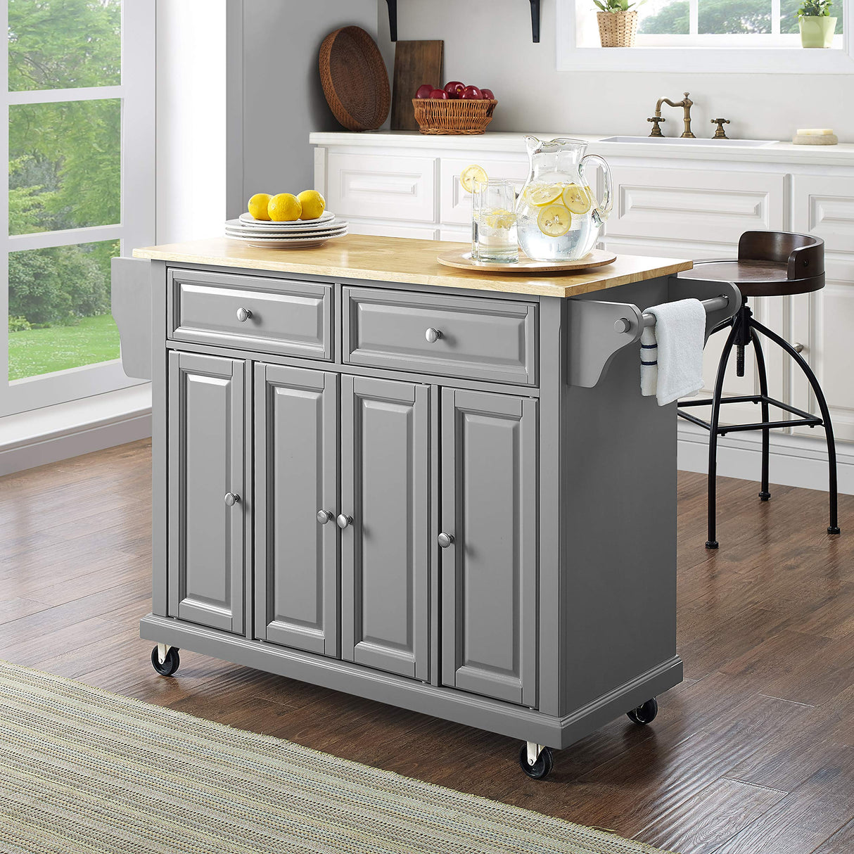 Crosley Furniture Full Size Wood Top Rolling Kitchen Island Storage Cart, Microwave Stand, Spice Rack, Gray Crosley Furniture