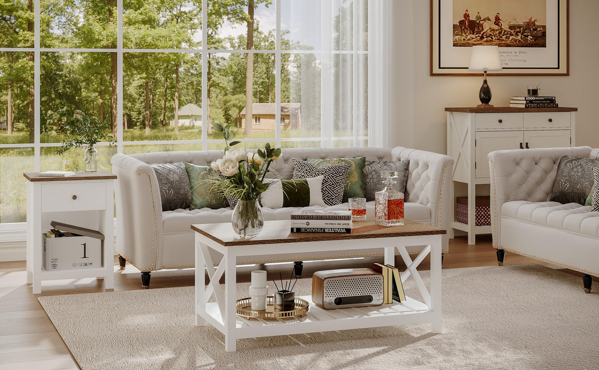 ChooChoo Farmhouse Nightstand with Charging Station, Wooden Top Bedside End Table with Drawer and Storage Space for Bedroom, White ChooChoo