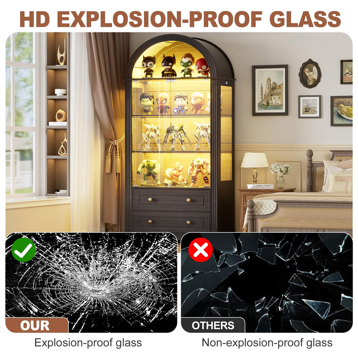 PAKASEPT 73'' Tall Arched Display Cabinet with Glass Doors,4-Tier Curio Cabinet with LED Lights for Collectibles Bookcase,Farmhouse Bookshelf China Storage Kitchen Pantry for Living Room,Black PAKASEPT