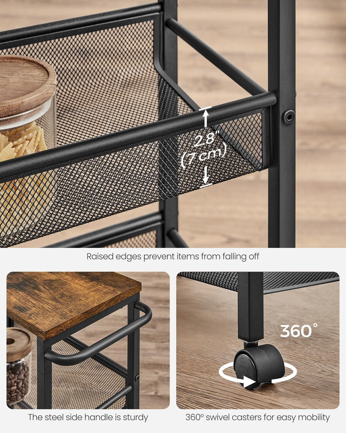 VASAGLE Slim Rolling Cart, 4-Tier Storage Cart, Narrow Cart with Handle, 8.7 Inches Deep, Metal Frame, for Kitchen, Dining Room, Living Room, Home Office, Rustic Brown and Classic Black ULRC033B01 VASAGLE