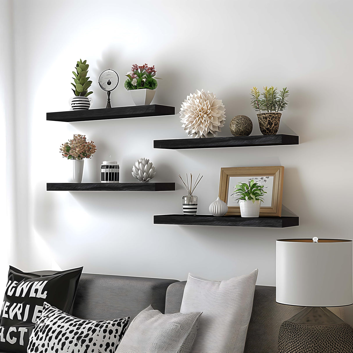 GXYAWPJ Wood Floating Shelves for Wall, Rustic Black Wall Shelves for Bedroom, Set of 4 GXYAWPJ
