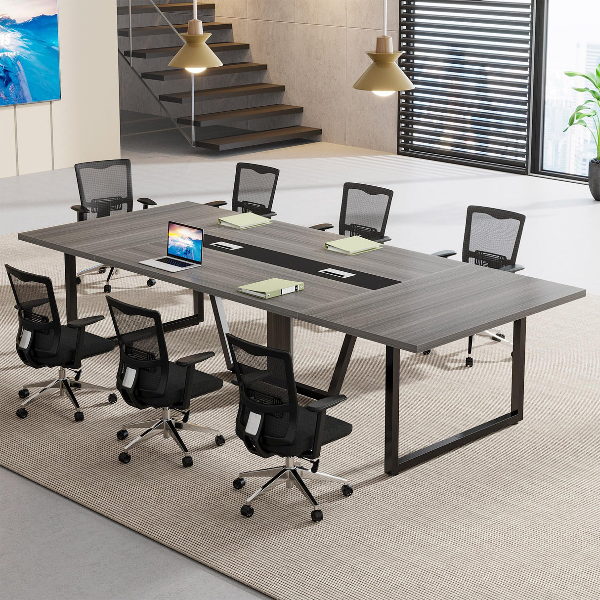 Tribesigns 8FT Conference Table, 94.49 L x 47.24 W x 29.53 H Inches Large Meeting Podcast Table for 10 People, Business Style Wooden Training Table with Strong Metal Frame for Office Conference Tribesigns