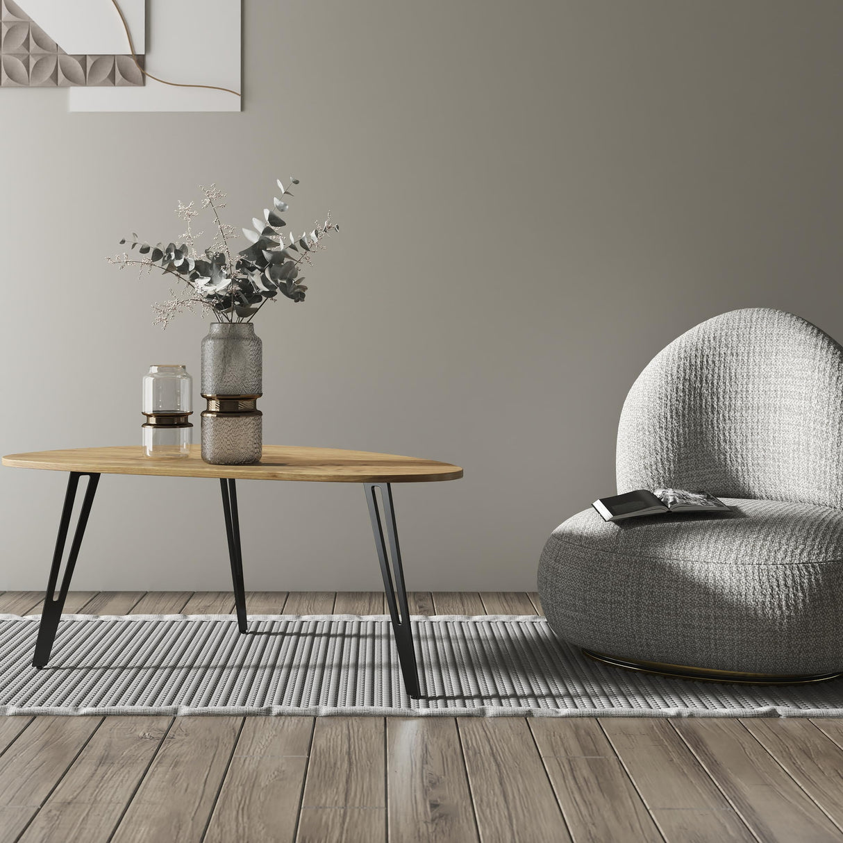 Manora Modern Mid Century Coffee Table, Oval Triangle Wood Center Table with Sturdy Metal Legs, Stylish Living Room Accent Table for Small Spaces Manora