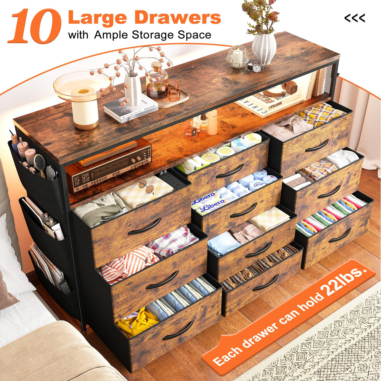 EnHomee Dresser TV Stand with 10 Drawers for 55" TV Stand for Bedroom with LED Lights & Power Outlets Wide Dresser for Bedroom with Shelves & Side Pockets Sturdy Metal Frame & Wood Top, Rustic Brown EnHomee