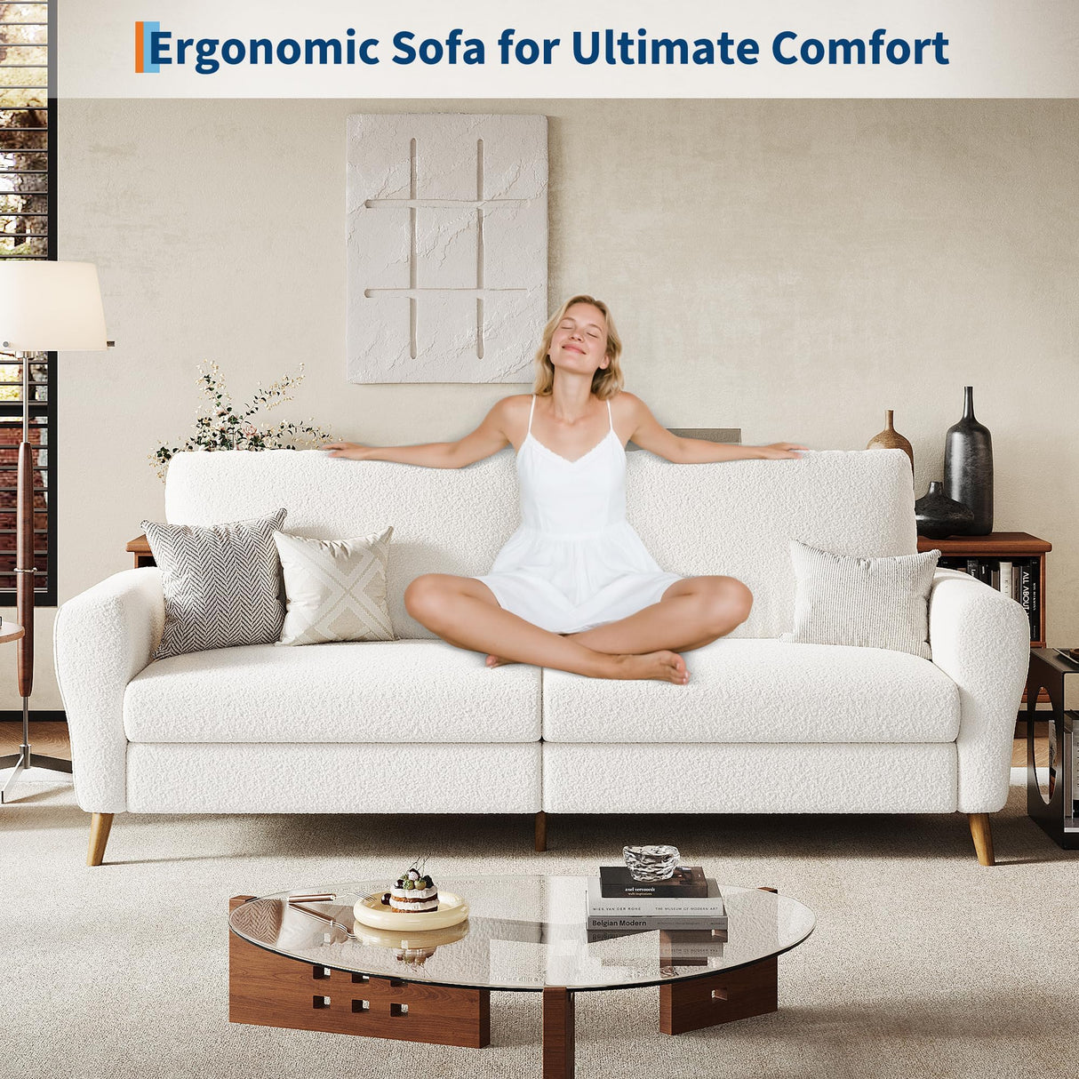 IDEALHOUSE 84 Inch Modern Sofa Couch, Large 3-Seater Sofa with Streamlined Armrests, Boucle Loveseat Wood Feet, Comfy Couch for Living Room, Apartment, Lounge, Beige IDEALHOUSE