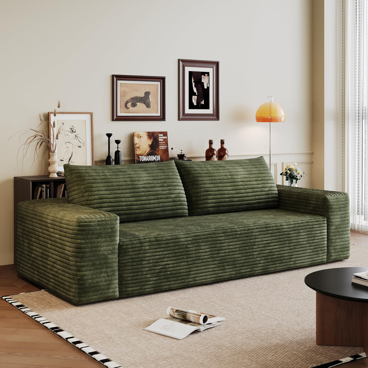 PUQEOAO 71" Loveseat Sofa in a Box,Plush Corduroy Fabric Deep Seat Couch,No Assembly Required,Space-Saving Design,Comfy Seater Sofa for Living Room, Apartment, Bedroom & Office,Modern,Green PUQEOAO