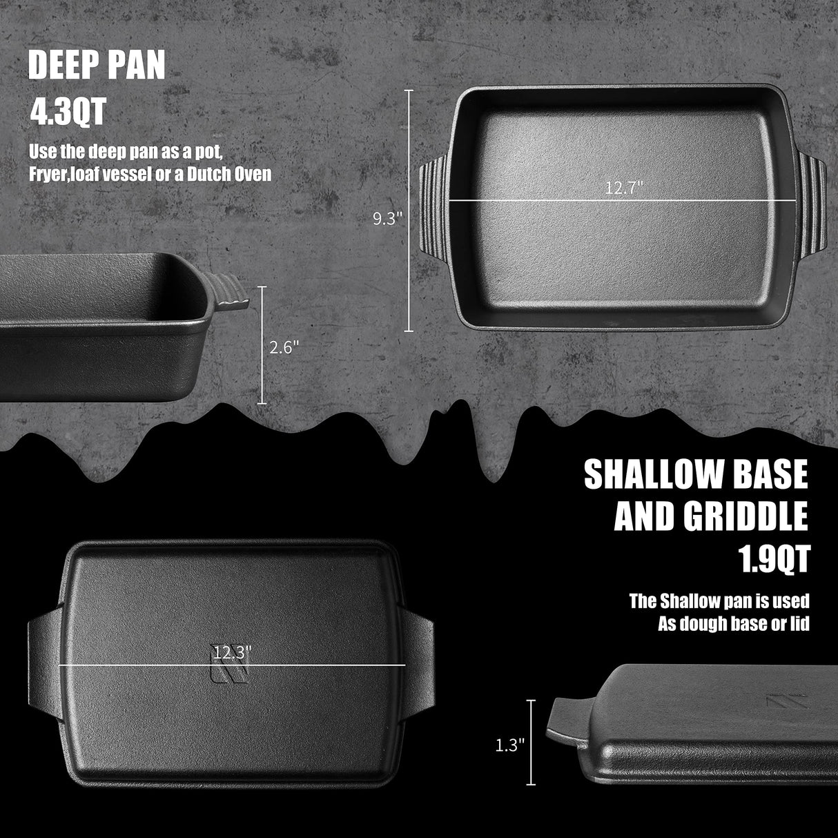 2-In-1 Pre Seasoned Cast Iron Dutch Oven With Skillet Lid,Casserole Dish,Rectangular Baking Pan,Griddle Pot Set, 6QT, 9"x13" Northriver Casting