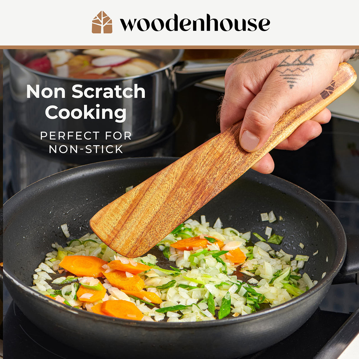 Wooden Spatula for Cooking, Kitchen Set of 4, Natural Teak Wooden Utensils including Paddle, Turner Spatula, Slotted Spatula and Wood Scraper. Nonstick cookware. WOODENHOUSE LIFELONG QUALITY