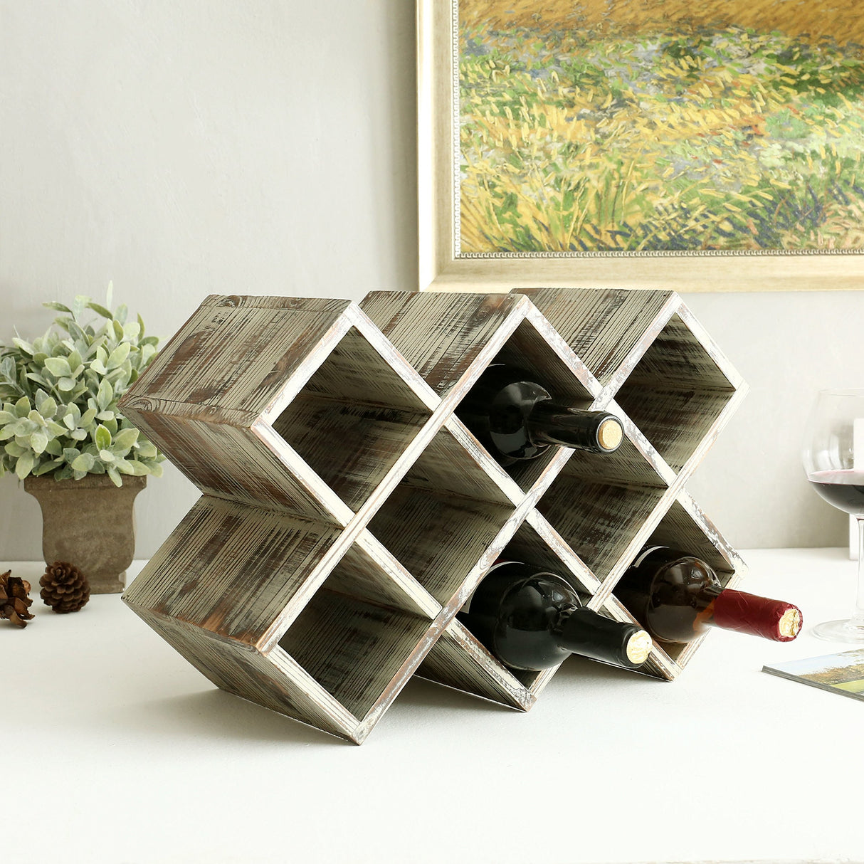 MyGift Rustic Torched Solid Wood Tabletop Wine Bottle Holder Rack with Geometric Cross Hatch Design, Vertical or Horizontal Display, Holds up to 8 Bottles MyGift