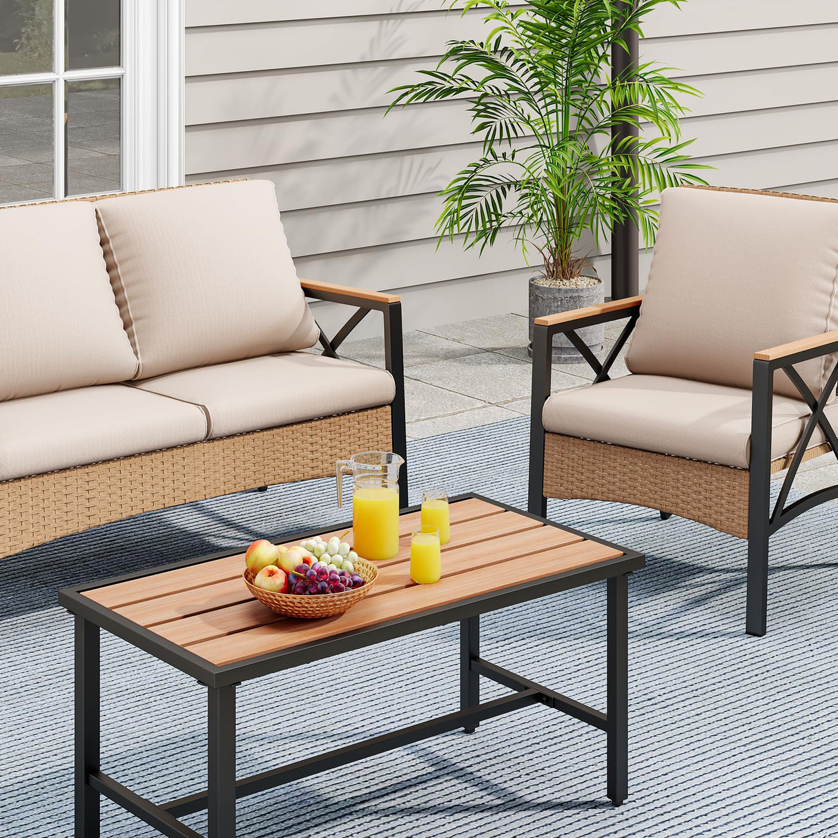 YITAHOME 4-Piece Patio Wicker Furniture Set with Wood Armrest, All Weather Rattan Conversation Furniture Sets for Backyard, Balcony, Deck w/Soft Cushions and Plastic Wood Table (Light Brown+Beige) YITAHOME