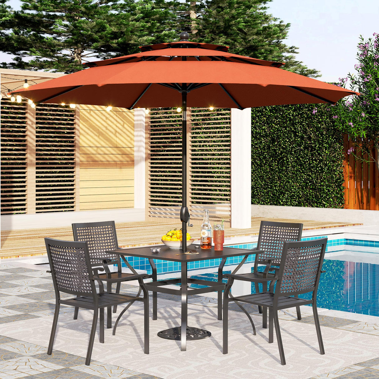 PHI VILLA 5 Pieces Patio Dining Set for 4 with 10ft Patio Umbrella, Metal Outdoor Stackable Wrought Iron Chair Set of 4 & 37" Metal Dining Table,3 Tier Vented Market Table Orange Red Umbrella PHI VILLA