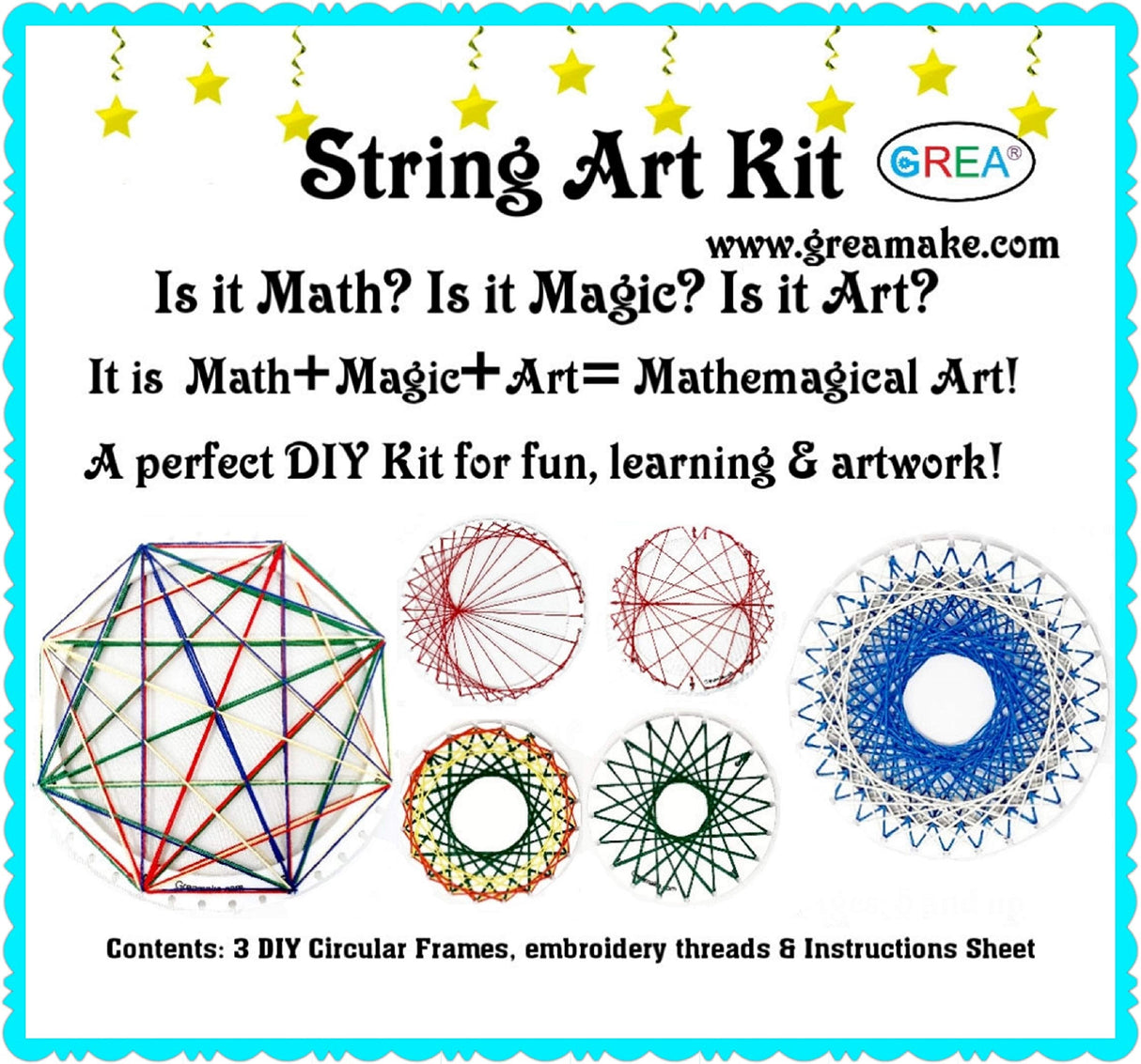String Art Kit - Set of Frames with Strings - Math Activity Kit - DIY Kit - Without Nails - for Kids and Teens - Art and Craft Gift (Set of 3) GREA