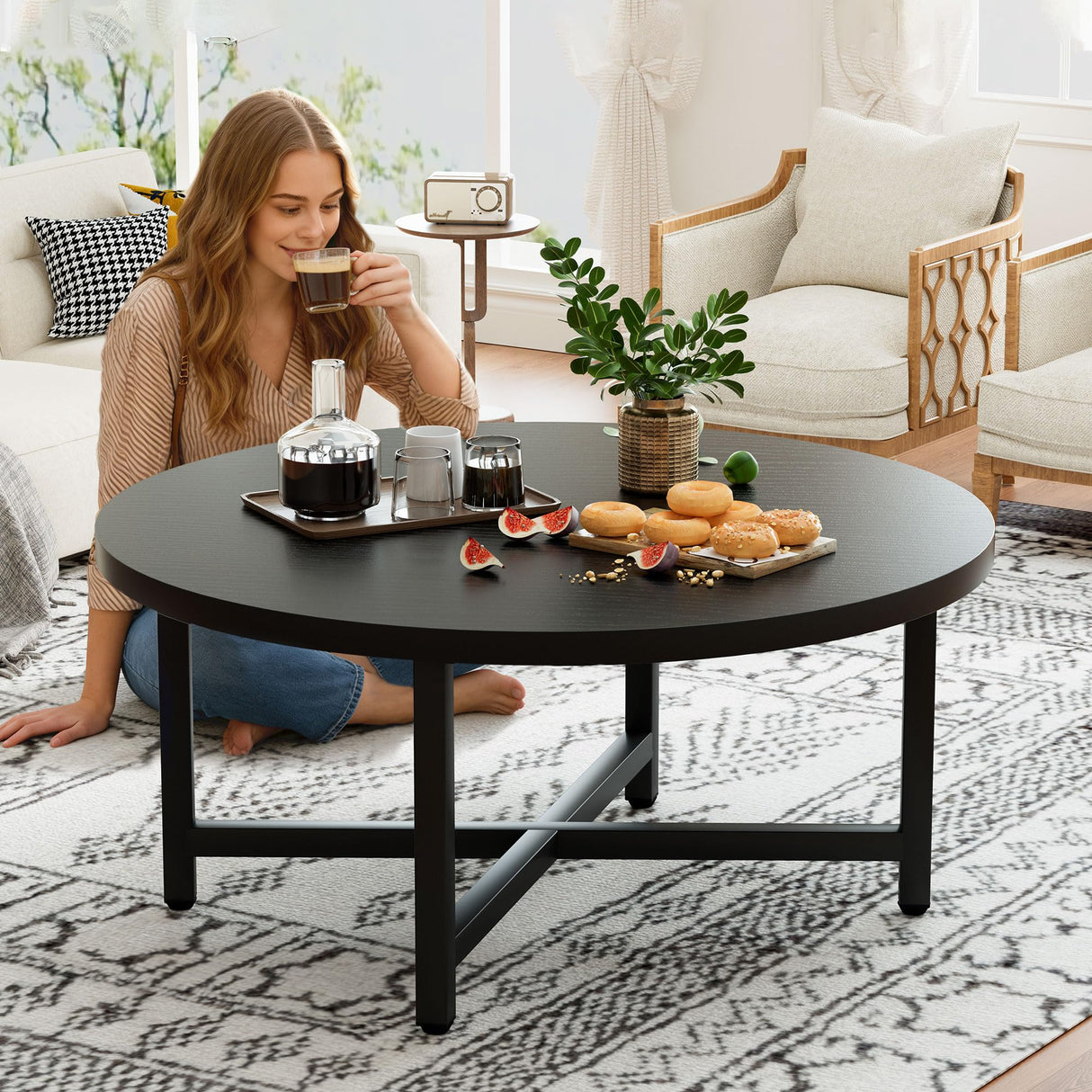 FURMORENE Coffee Table, 31.5" Large Coffee Tables, Black Round Coffee Tables for Living Room, Floor Table for Sitting on The Floor, Center Coffee Table with Metal Frame for Office Apartment Home FURMORENE