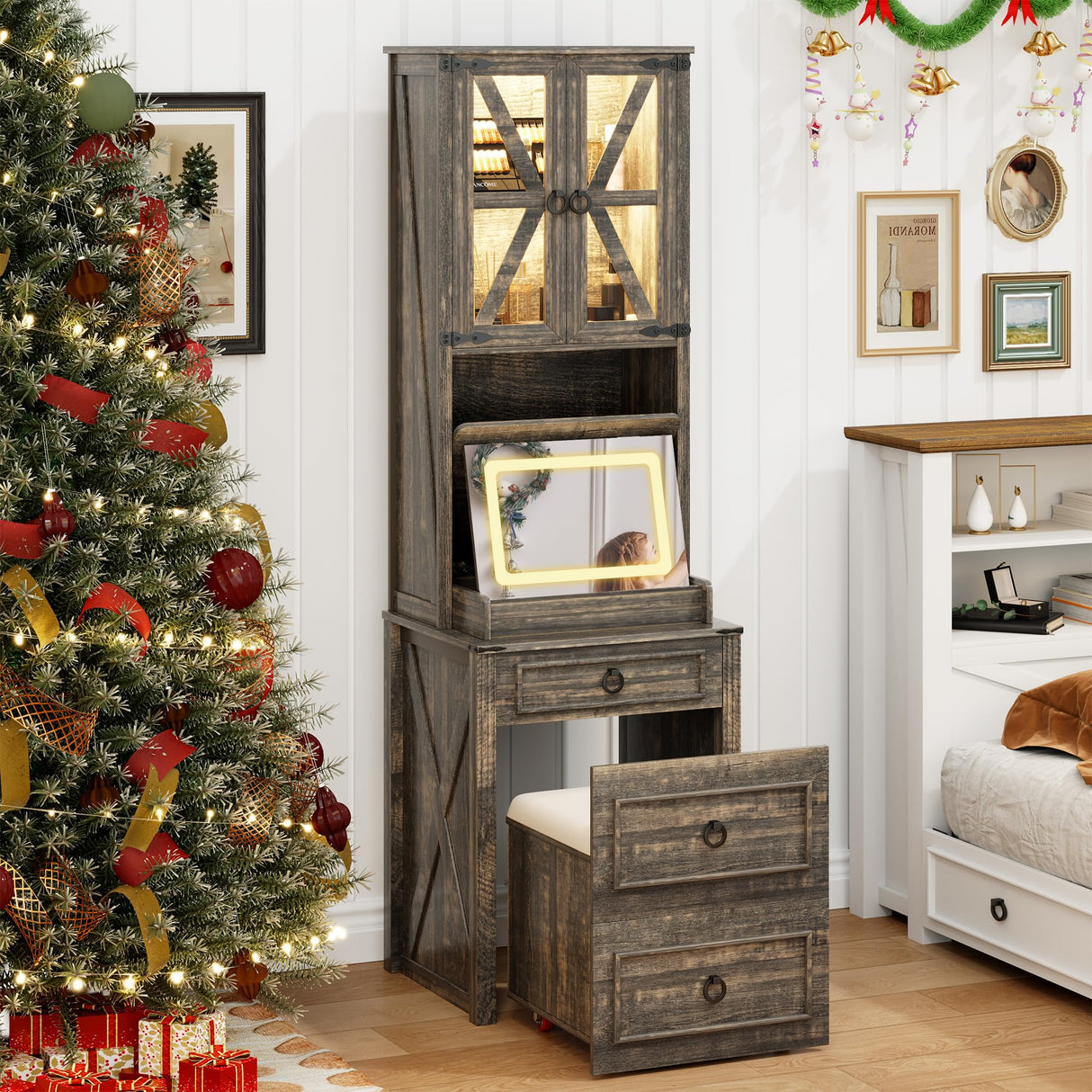 FREDEES Vanity Desk with Mirror,Small Makeup Vanity Set with Customizable Lighting,Compact Makeup Vanity Desk with Hidden Storage and Comfortable Stool,Dressing Table for Bedroom,Brown FREDEES