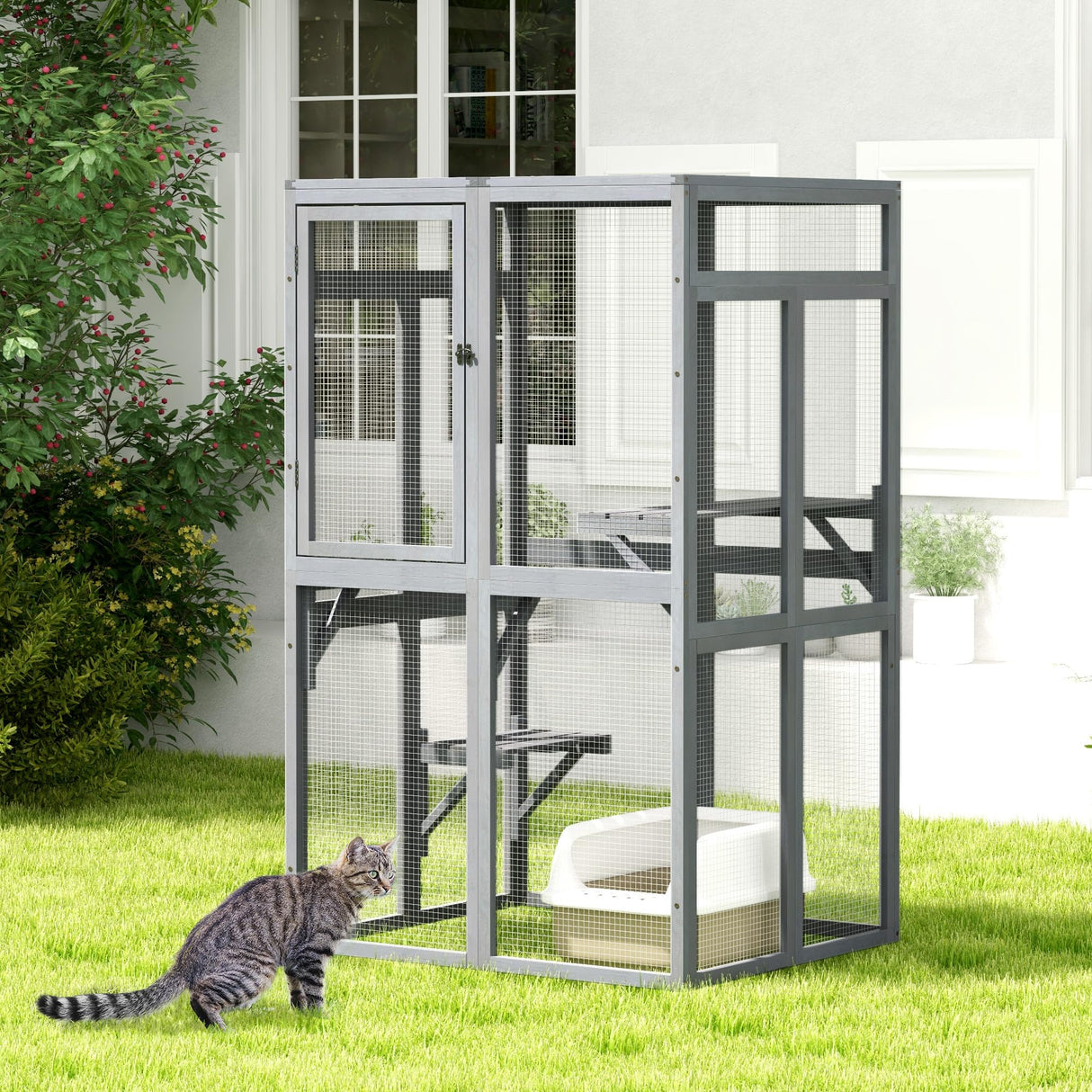 COZIWOW Catio Outdoor Cat Enclosure Window Access, Wooden Cat House Shelter, Kitty Cage with 3 Platforms for Patio Indoor (Grey) COZIWOW