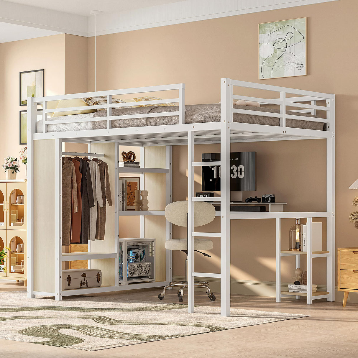 KEIKI Queen Size Loft Bed Frame with Built-in Wardrobe, Metal Loft Bed with Desk, Storage Shelves, Hanging Rod, Guardrail and Ladder, Noise Reduced BedFrame for Teens and Adults, White Wood-Grain KEIKI