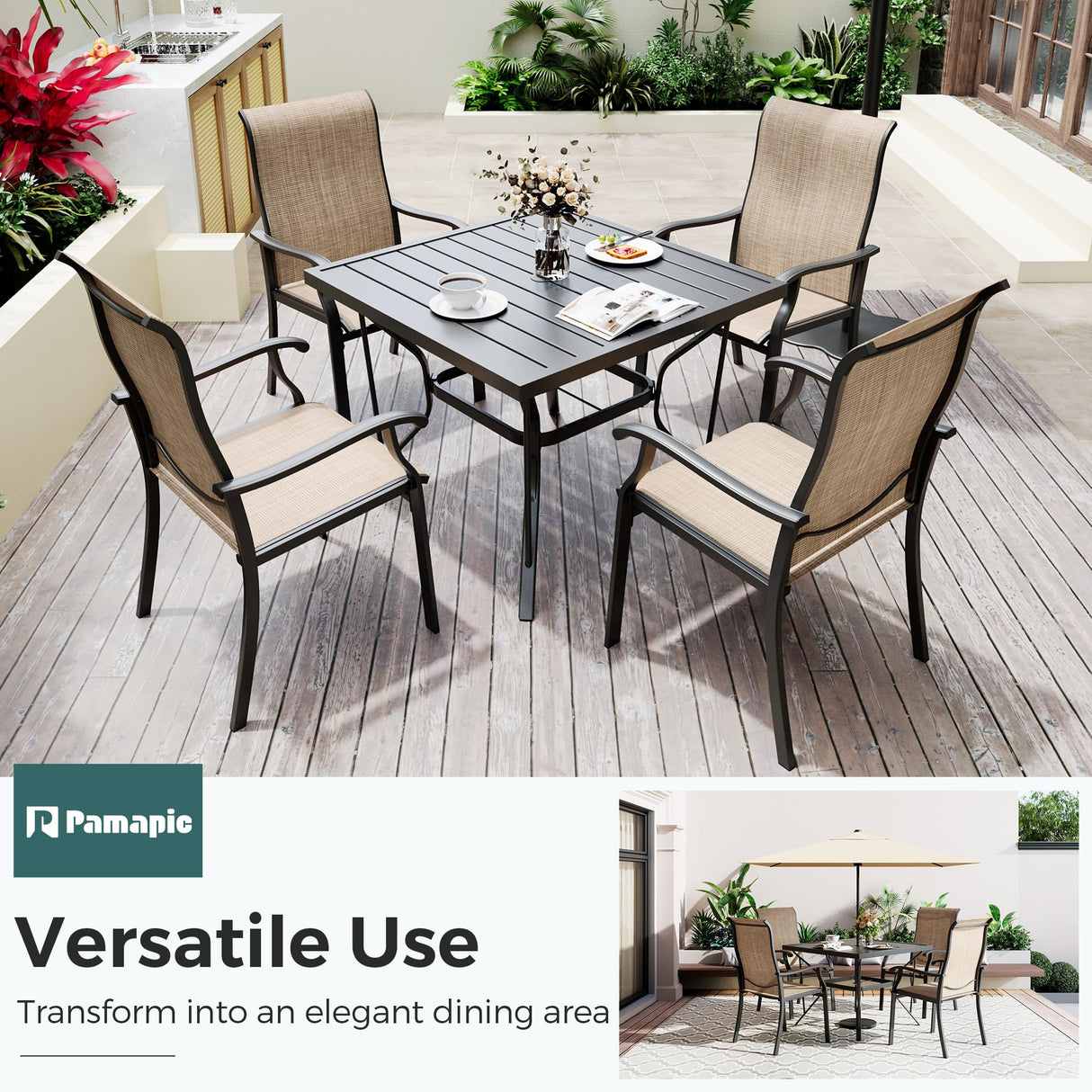 Pamapic 5 Pieces Patio Dining Set, Outdoor Dining Set for Garden Backyard Poolside Deck,Outdoor Table and Chairs Set with 4 Textilene Chairs,Beige Pamapic
