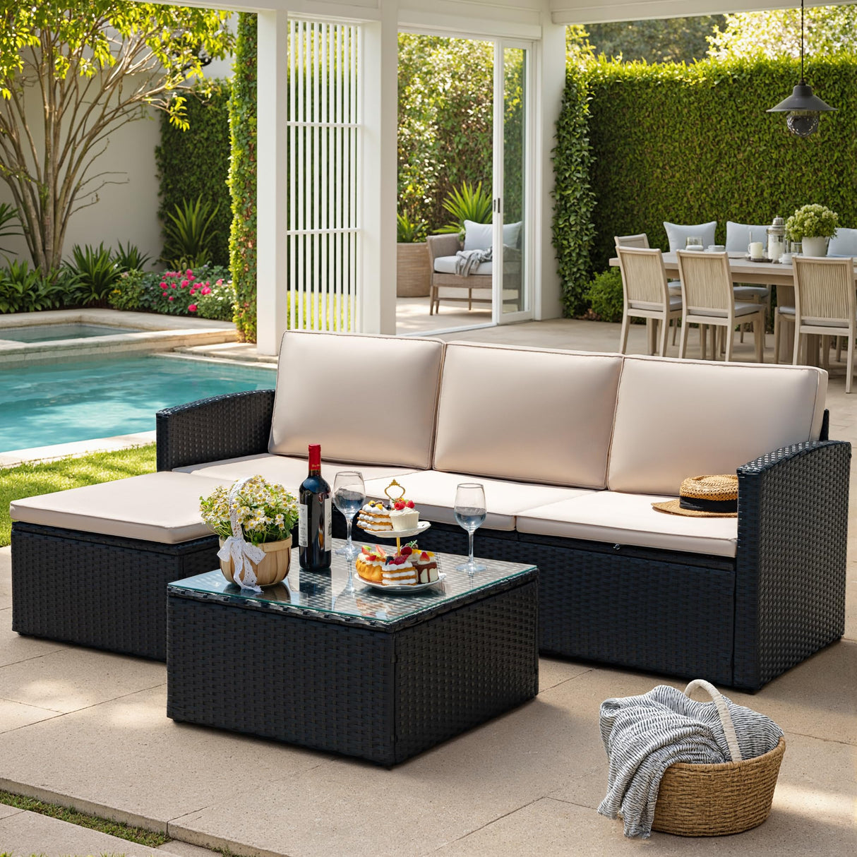 Devoko Patio Conversation Set 4 Piece Outdoor Furniture Sets PE Wicker Rattan Patio Sofa Sectional Adjustable All-Weather with Cushions and Glass Table for Porch Backyard Poolside, Beige Devoko