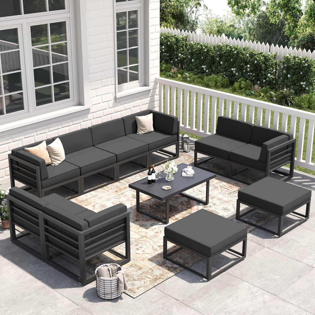 VONZOY 11 Piece Aluminum Patio Furniture Set with Waterproof Cover & 5" Thick Cushions, Aluminum Outdoor Sectional Conversation Set with Coffee Table Ottoman for Porch, Backyard(Grey/Grey) VONZOY