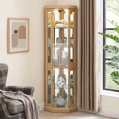 HRVEOCEI Curio Cabinet with Lighted, Display Cabinet with Glass Doors, Corner China Cabinet with Tempered Adjustable Glass Shelves & Carved Decoration(Light Oak, Tall)