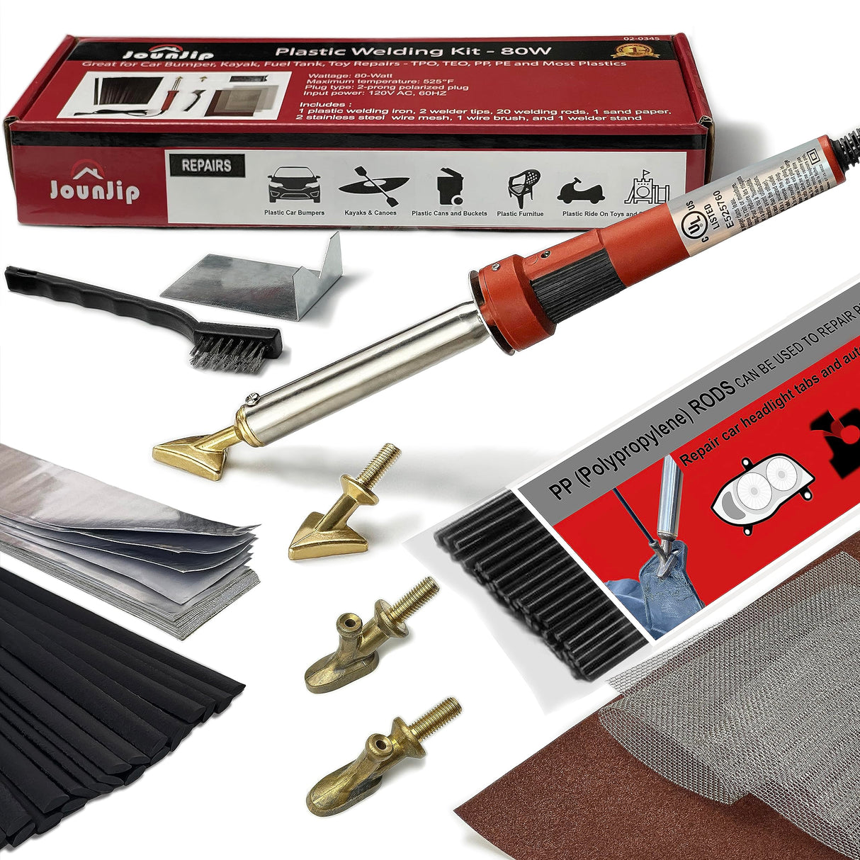 JOUNJIP Plastic Welding Kit Deluxe -UL Certified Plastic Welder 80W Iron- Professional Grade Plastic Repair Kit for Automotive Car Bumper, Kayak, Tank Repair JOUNJIP