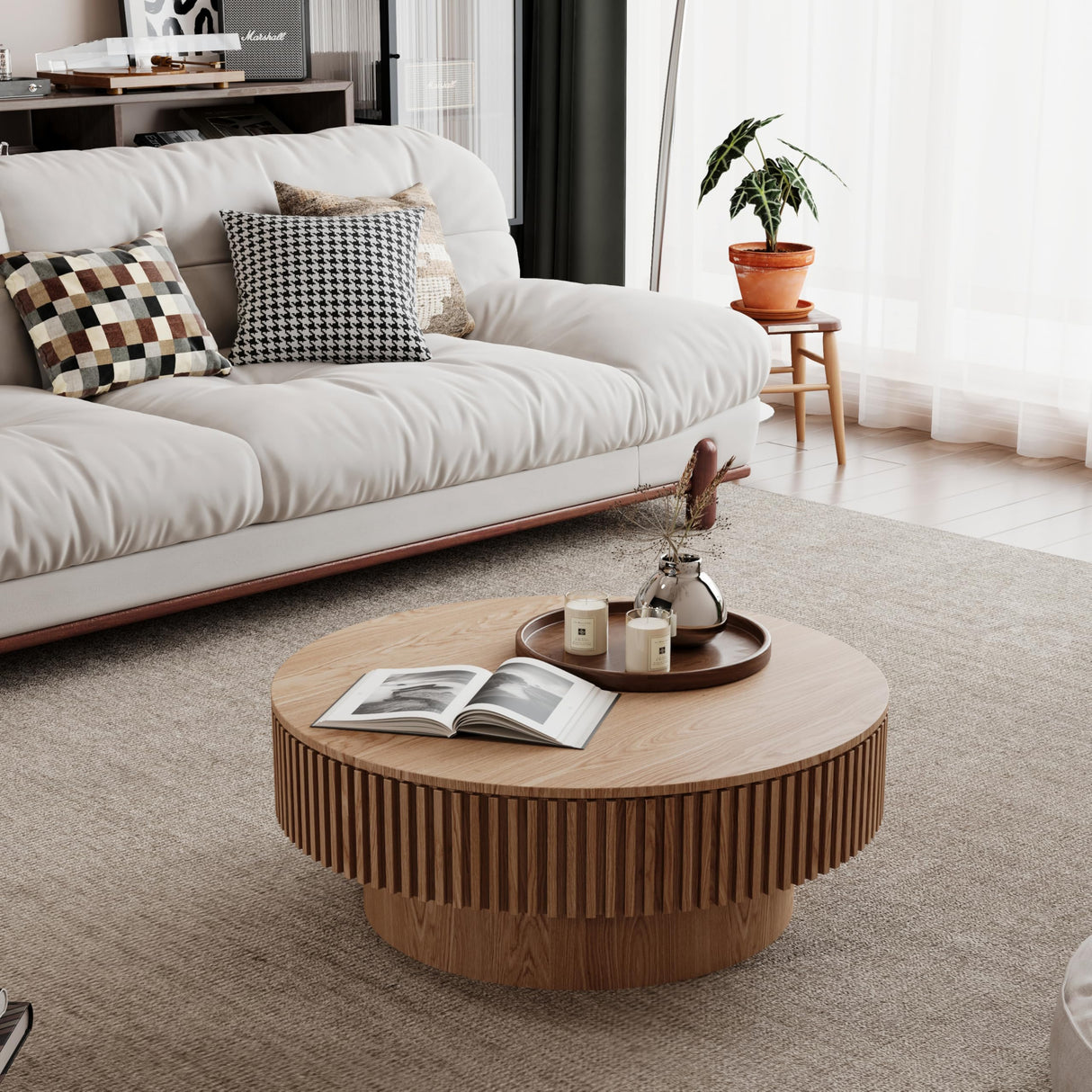 BSYEIO 31.5''Round Coffee Table with Storage, Modern Luxury Circle Drum Center Tables with Solid Wood Veneered, Accent Side Coffee Table for Living Room, Bedroom, Apartment-Natural BSYEIO