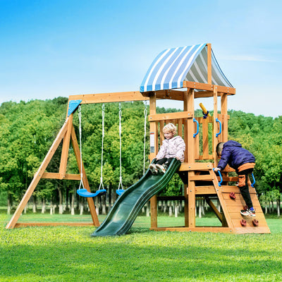 ROBUD Swing Sets for Backyard, Wooden Swing Set, All-in-One Kids Outdoor Play Equipment with Two Swings, Slide, Rock Climbing Wall, Blackboard, Telescope, Fort, Outdoor Playset for Kids & Toddlers