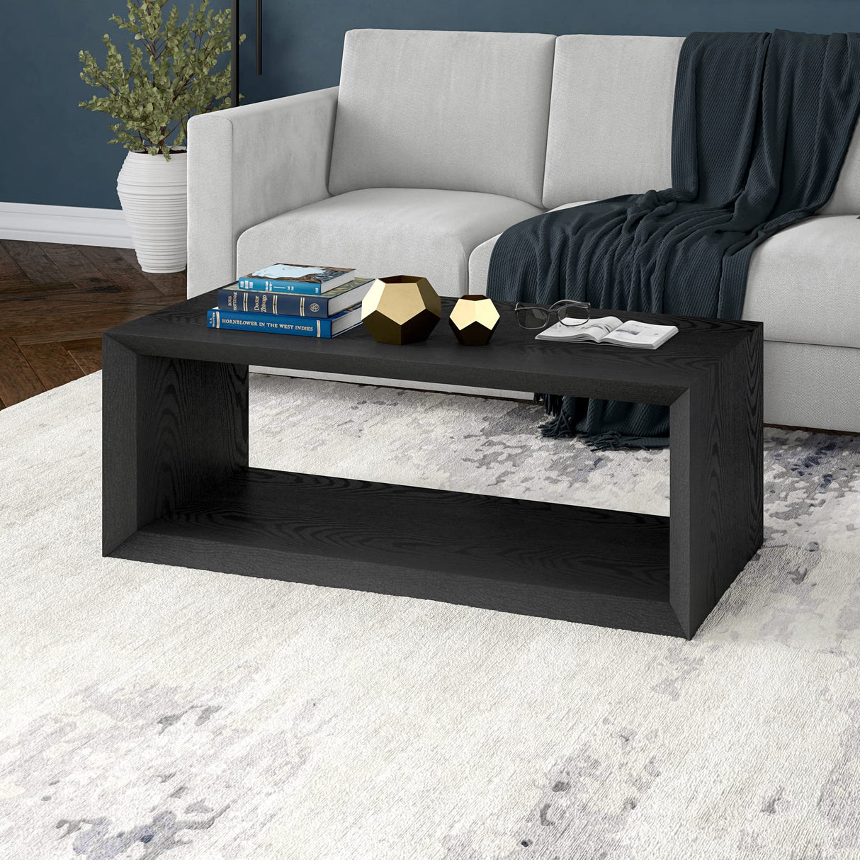 Henn&Hart 48" Wide Rectangular Coffee Table in Black Grain, for Home, Living Room, Bedroom, Entertainment Room, Office Henn&Hart