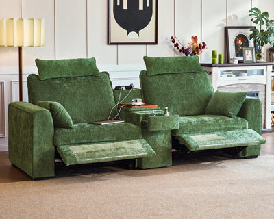 Bedeep 102.8'' Loveseat Power Recliner Sofa with Headrest, Oversized Cloud Modular Sectional Reclining Couch with Table, Storage Drawer, Charging, 2-Seater for RV Home Theater, Chenille, Green