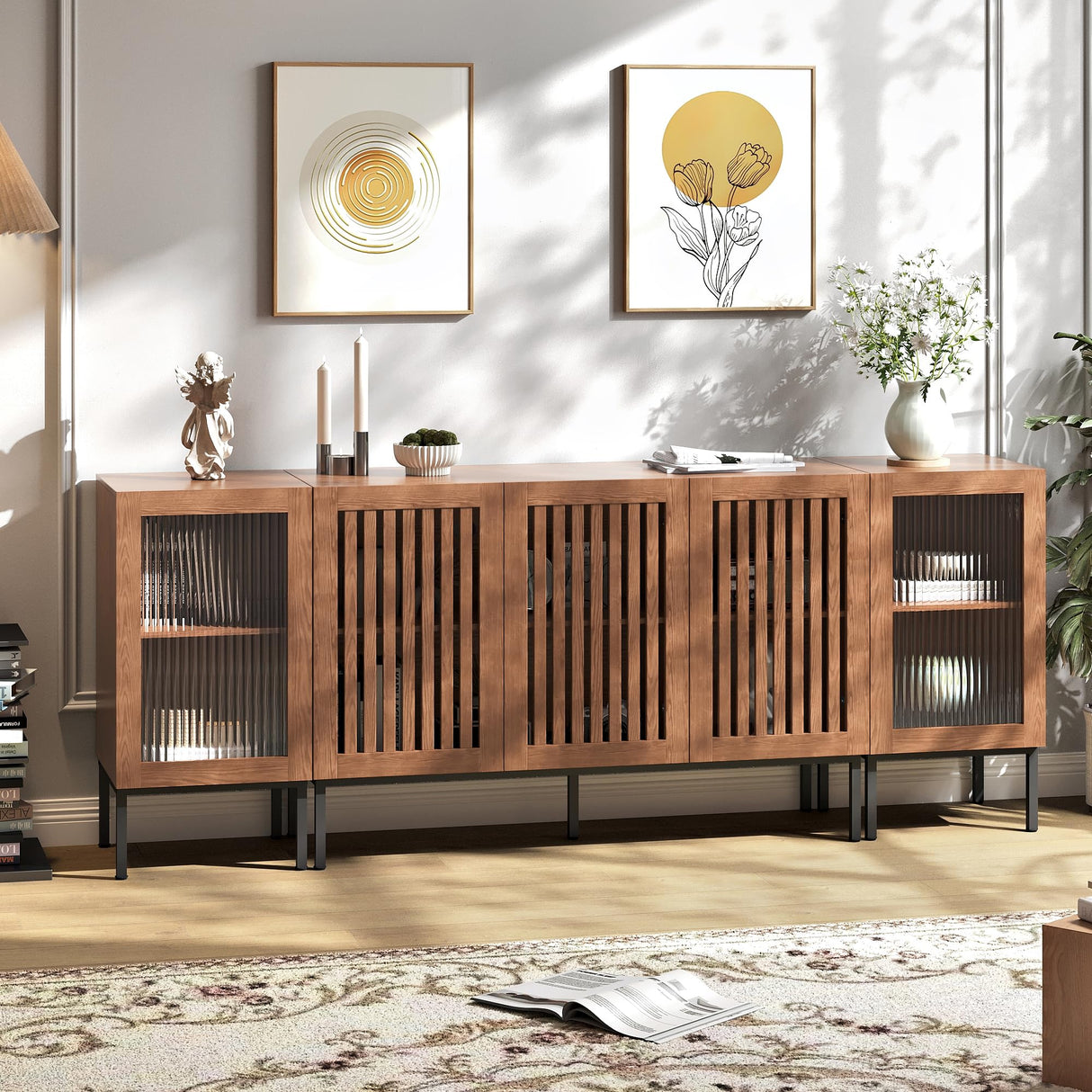 BVIUNTWO Farmhouse TV Stand for TVs up to 85 Inch, Entertainment Center TV Console with Storage Cabinets and Glass Doors,Media Console for Living Room, Brown BVIUNTWO