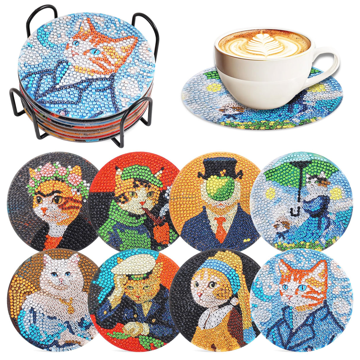 Whimsical Cat Masterpieces Diamond Art Painting Coasters Kits for Adult, 8Pcs DIY Crafts Non Slip Coaster Pads with Holder, Featuring Famous Art with Cats, Vibrant Resin Gems, Heat Resistant Drink Mat VYRANA