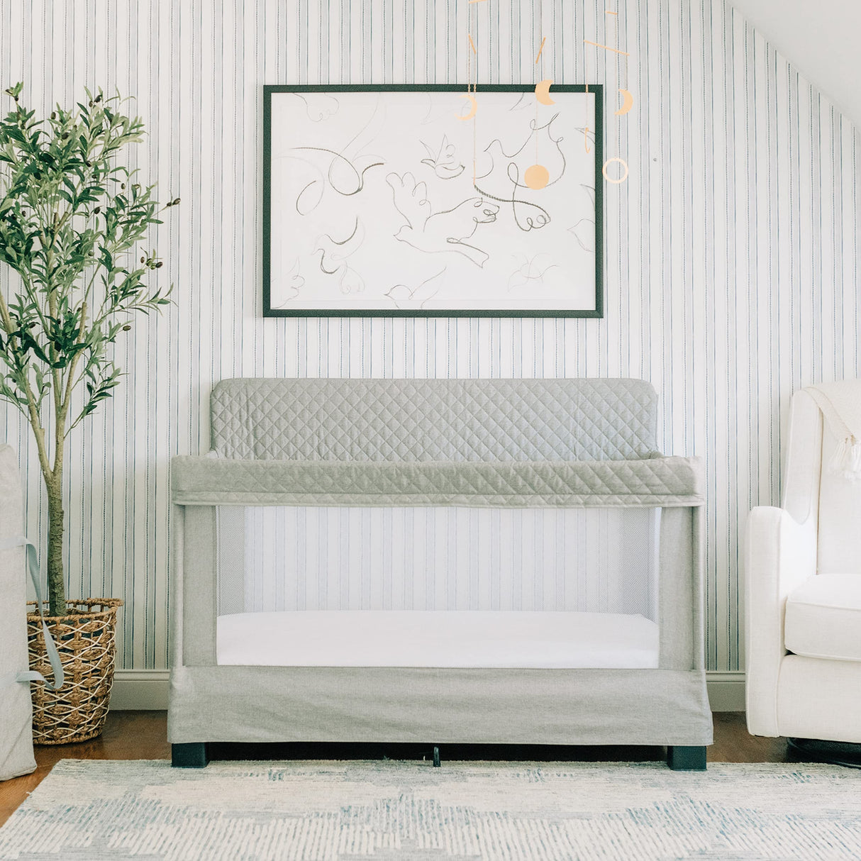 Baby Delight Horizon Full Size Crib, Breathable Mesh Walls, Tool-Free Assembly Baby Bed, Luxe Quilted Easy to Clean Fabric, Grey Baby Delight