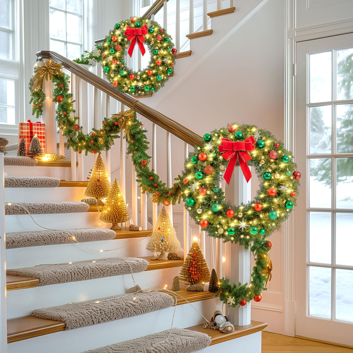 Yaheetech 30in Large Artificial Christmas Wreath, Pre-lit Holiday Accent Decoration with Red Bow, 110 LED Lights & 300 PVC Tips, Metal Structure for Door Wall & Mantel Yaheetech