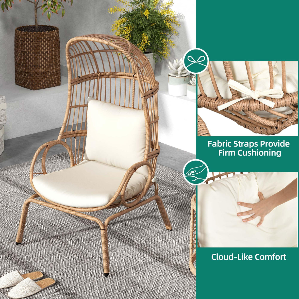 YITAHOME Outdoor Small Egg Chair, Patio Wicker Basket Chair with Strong Capacity Indoor Egg Chairs with High Back & Cushion Cocoon Chair for Bedroom, Outside (Beige) YITAHOME