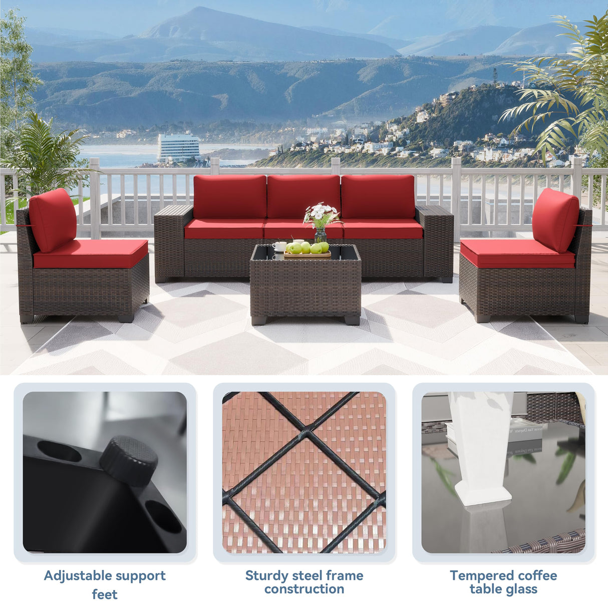 Kurapika 12 Pieces Patio Furniture Set, Rattan Wicker Outdoor Conversation Sets, Outdoor Furniture Sectional Sofa Set w/4 Inch Cushion and Glass Coffee Table(Red) Kurapika