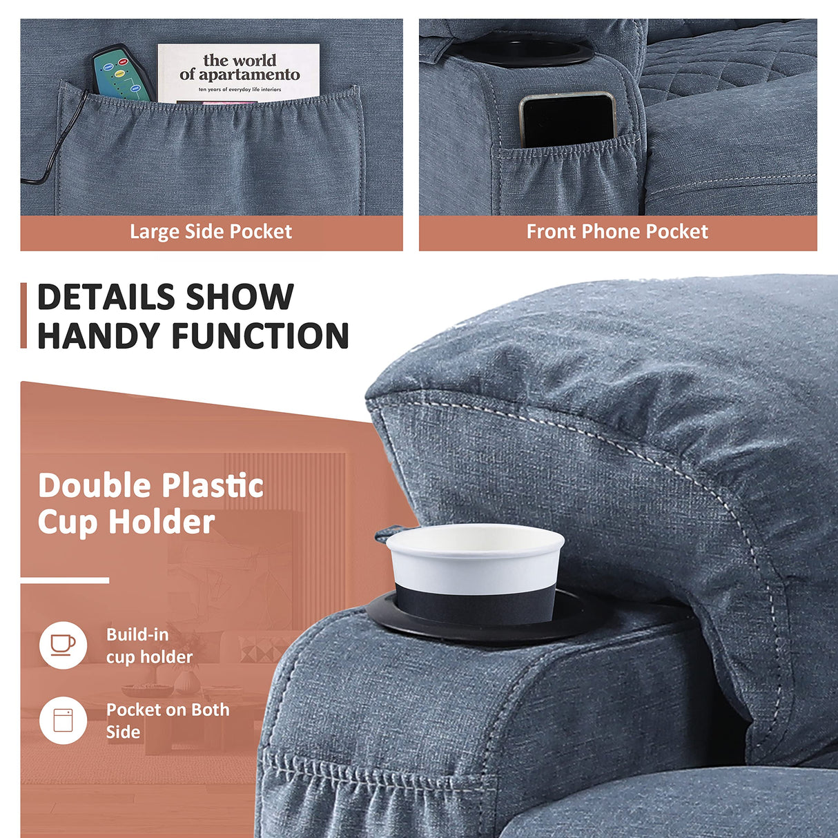 Comermax Fabric Massage Recliner Chairs with Heat Massaging Manual Reclining Chair Overstuffed Heated Recliners with Cup Holders for Adults Blue Comermax