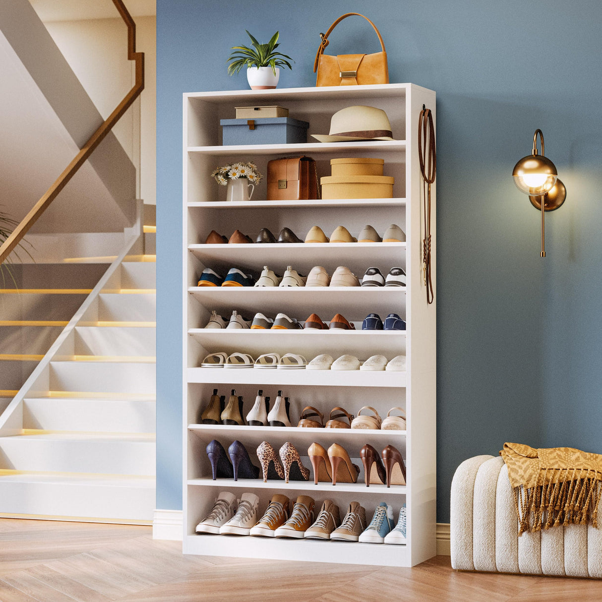 IRONCK Shoe Storage Cabinet, 10-Tier Shoe Organizer for Closet Entryway, Wooden Shoe Rack Holds 36 to 52 Pairs, Adjustable Shelves & Hook, Entryway Furniture Shoe Cabinet IRONCK