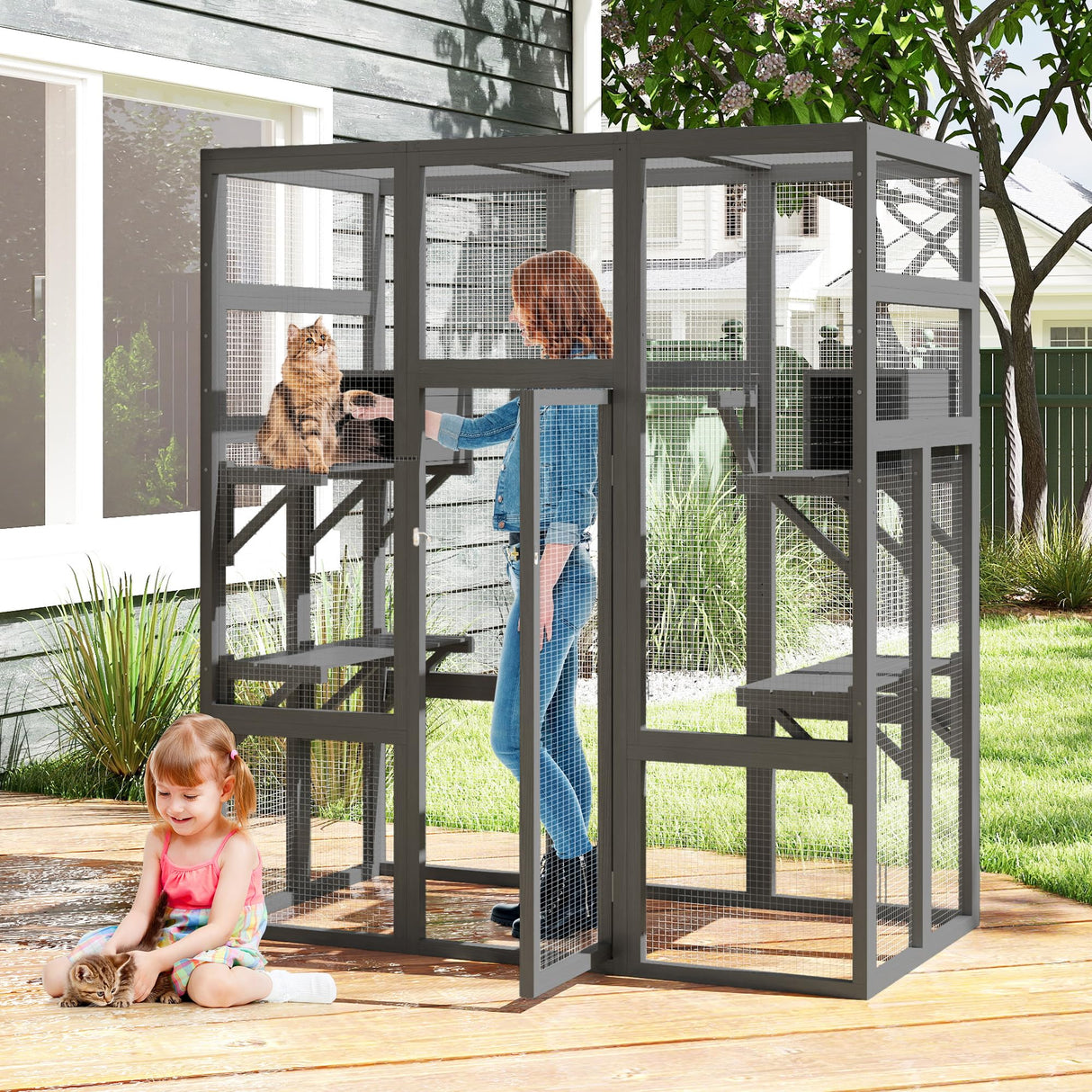 NYEEKOY 71Inches Large Wood Catio Outdoor Cat Enclosure with Perches and Condos, Cat House Indoor with Waterproof Roof, Cat Shelter 7 Platforms & 2 Resting Box, UV Resistant (Grey) Nyeekoy