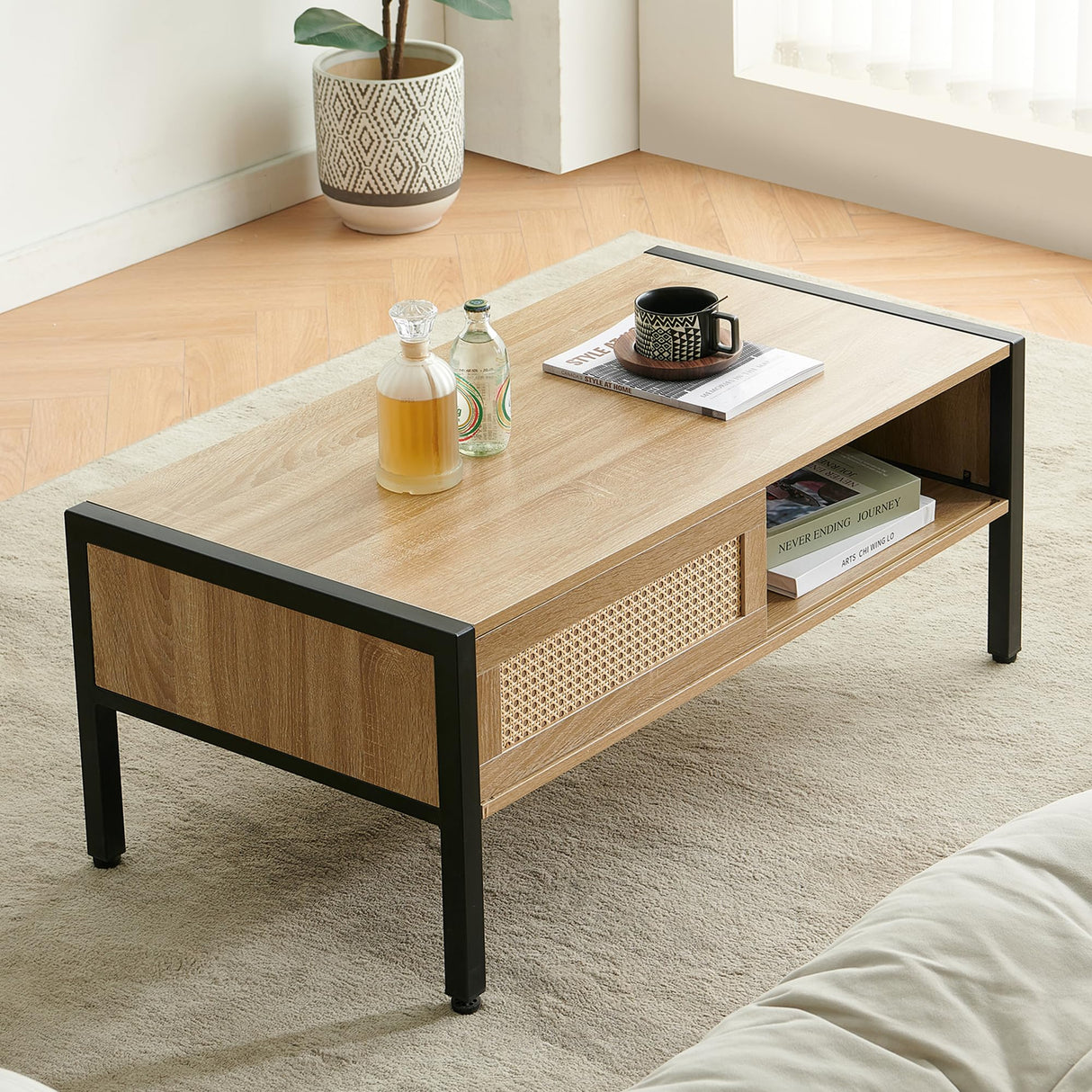 YOUGUO Boho Coffee Table for Living Room, 40.16" Rattan Coffee Table with Sliding Doors & Metal Legs, Mid-Century Center Table for Small Space, Natural