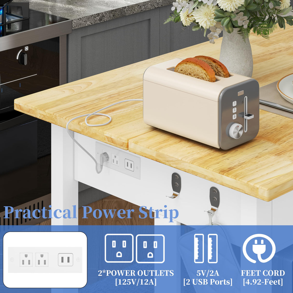 47.3" Solid Rubberwood Kitchen Island with Power Outlets - Extra Large Work Surface, 2 Drawers & Open Shelves Storage Cabinet for Kitchen Dining Room, Farmhouse Style (White) DynJest