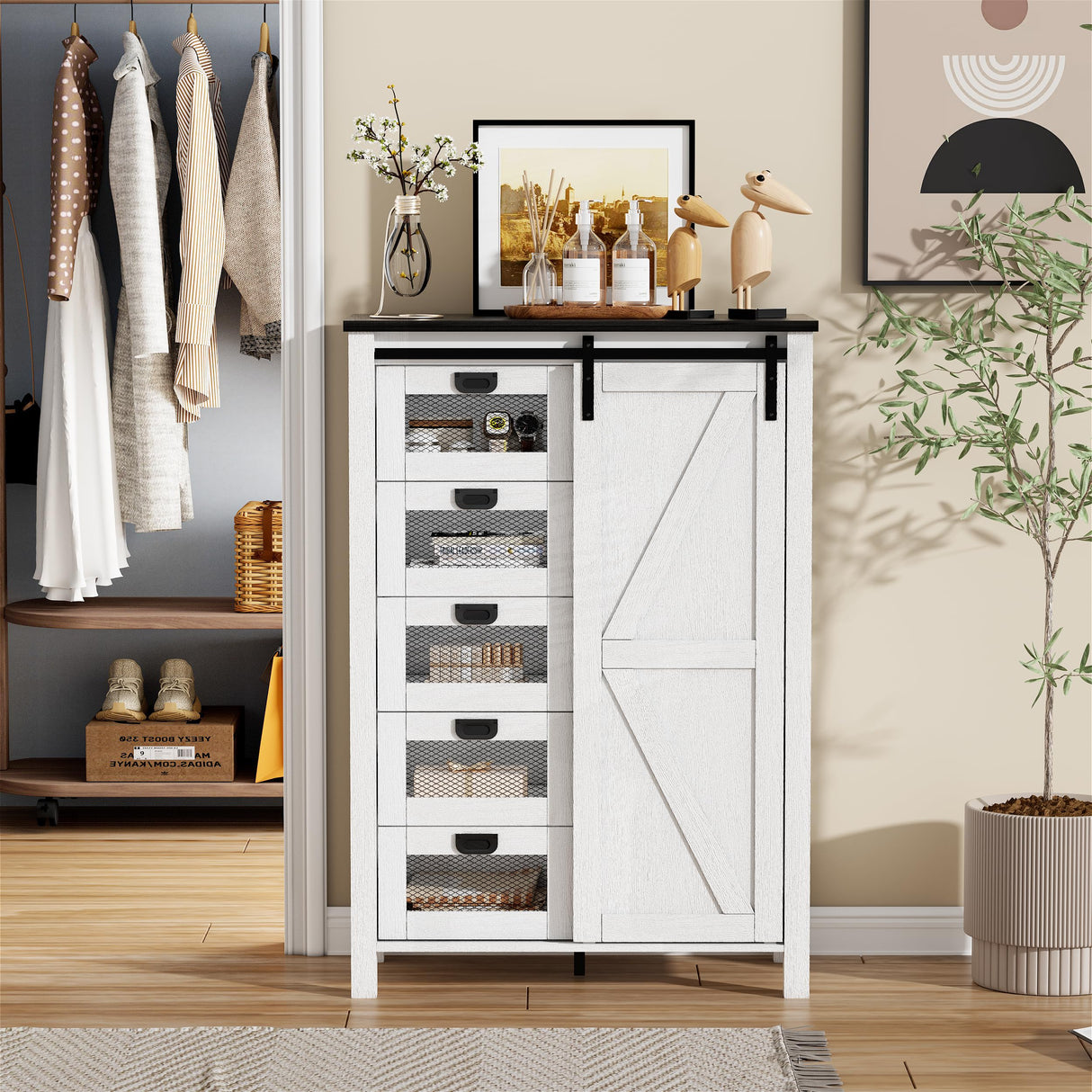 SDMY 5 Drawers Dresser for Bedroom w/Sliding Barn Door, 5 Drawer Tall Dresser, Farmhouse Chest of Drawers, Storage Organizer Dresser for Bedroom, Hallway, Living Room, Kids Room (White) SDMY