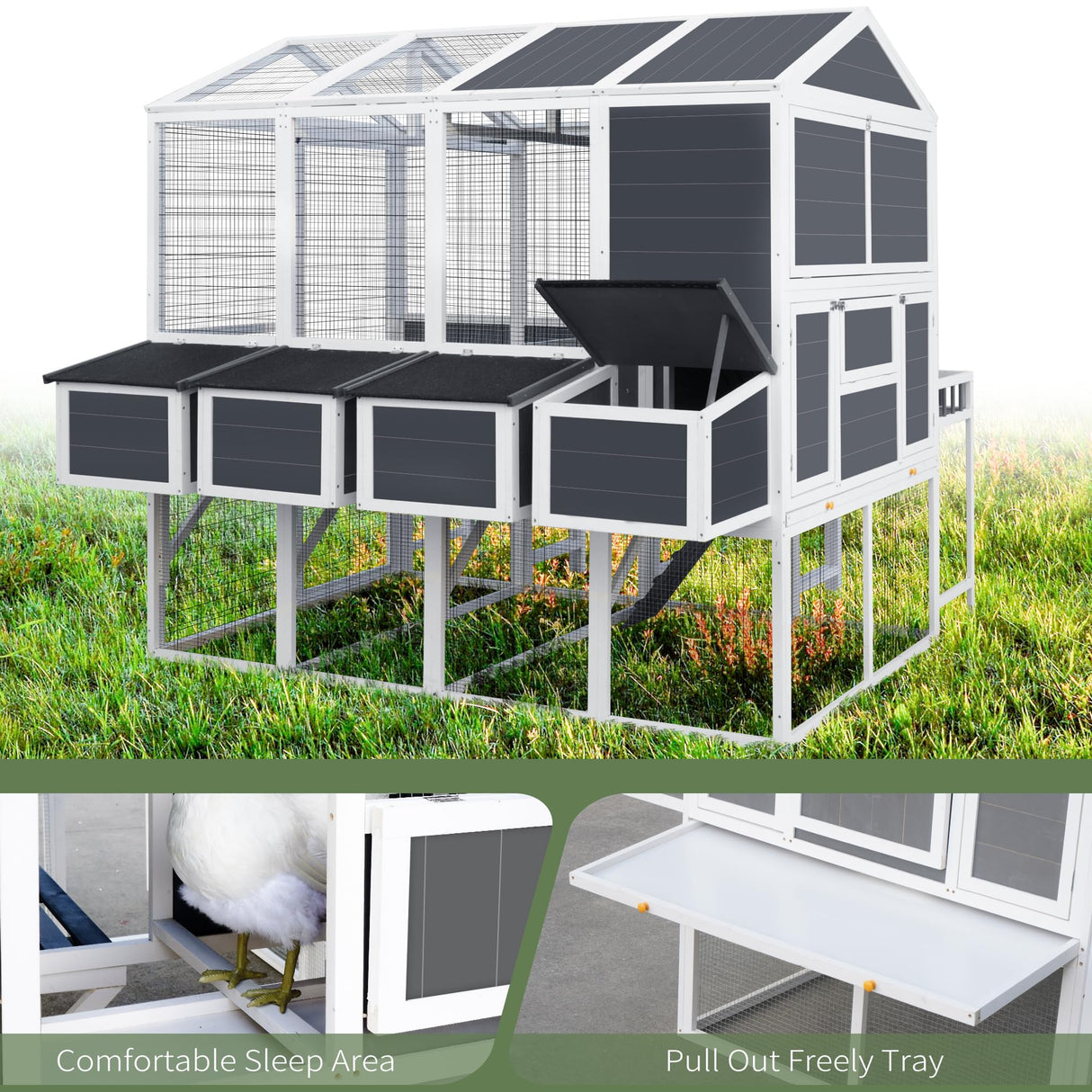 LZ LEISURE ZONE Chicken Coop with Chicken Run, Outdoor Hutch with Nesting Boxes, Wooden Walk-in Chicken House with Pull Out Trays, Garden Backyard Cage, Gray LZ LEISURE ZONE